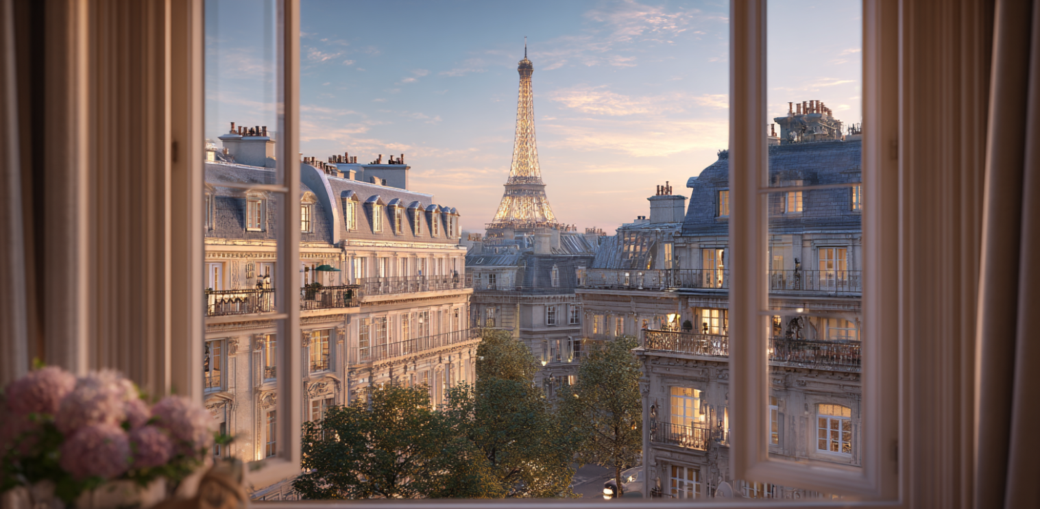 Salon luxueux parisien avec vue panoramique sur la Tour Eiffel